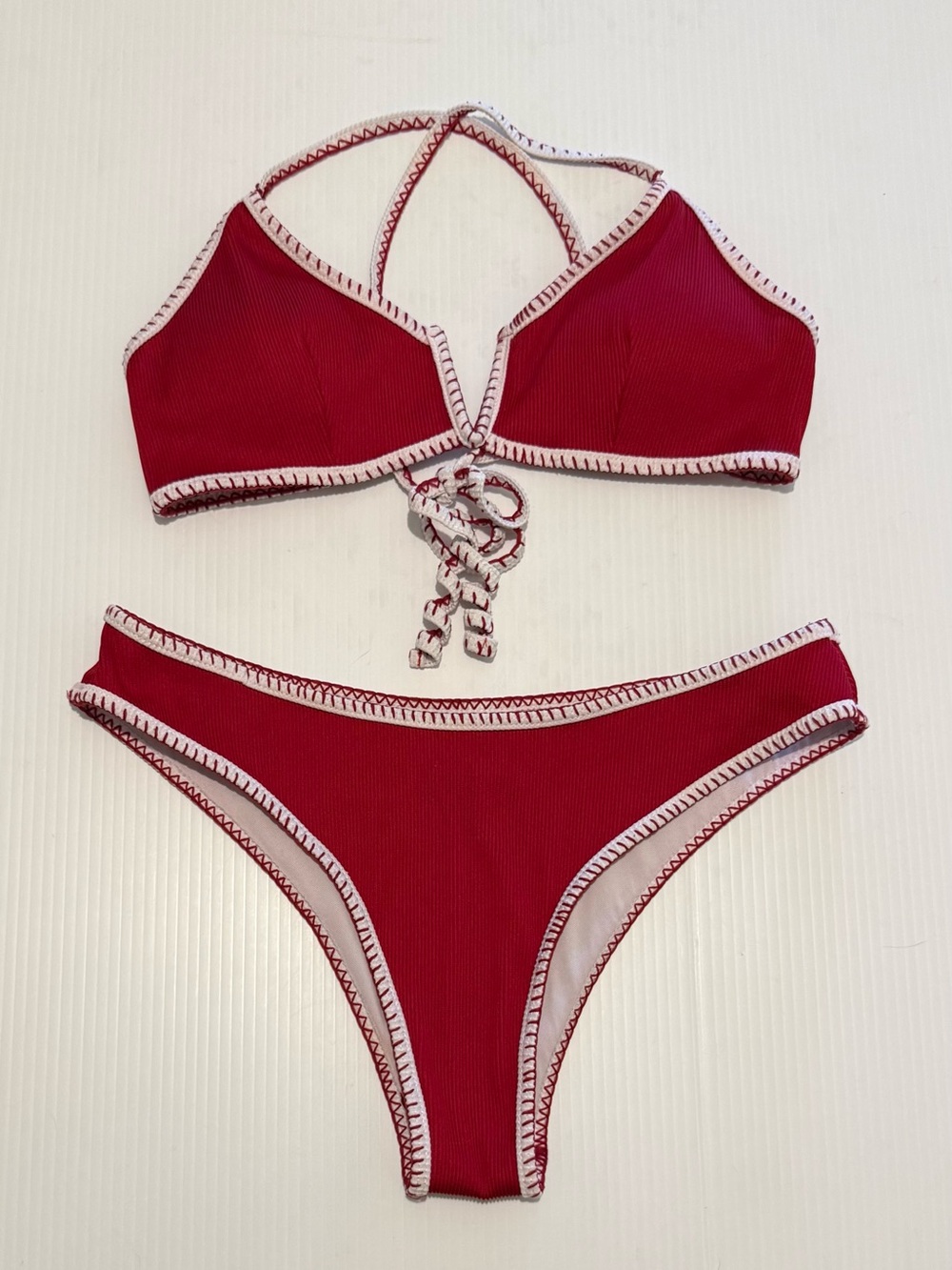 Zaful Red Ribbed Strappy 2-Piece Bikini Sz 8 White Whip Stitch Adjustable Straps